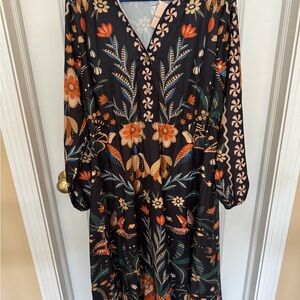 BloomChic Black Long Sleeve Floral Maxi Dress with Orange & Green Accents